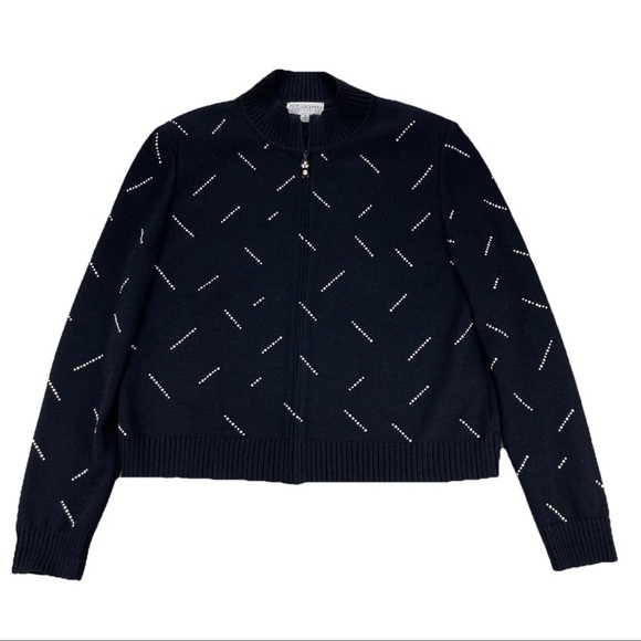 St John Collection Women’s Sz 16 Black White Geometric Sweater Cardigan Full Zip - Picture 1 of 11
